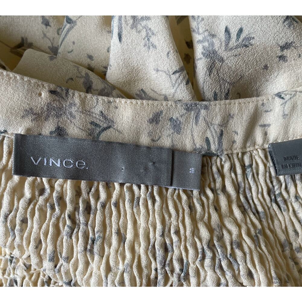 Vince Silk Buttercream & Gray Floral Long-Sleeve Blouse Top M 6 8 Pintucking - Picture 6 of 16